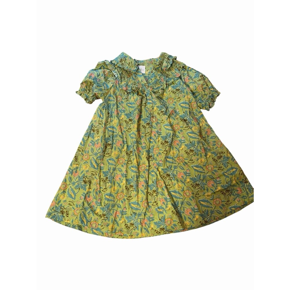 Umgee Sage Green Floral Print Smocked Babydoll Tunic Dress Boho Ruffle Puff Sz M